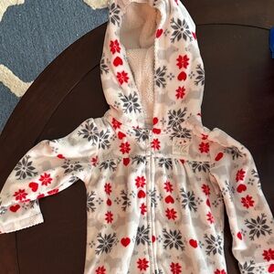 Carter's White Hooded Fleece One-Piece with Red & Gray Snowflake Heart Print